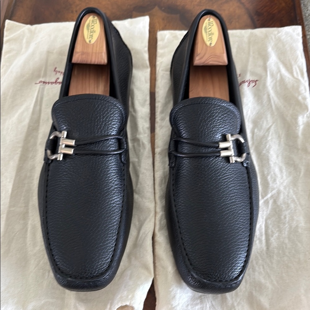 Salvatore Ferragamo Black Leather Loafers with Silver Hardware